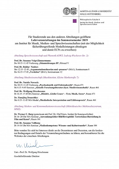 Für Studierende aus den anderen Abteilungen geöffnete
Lehrveranstaltungen im Sommersemester 2019